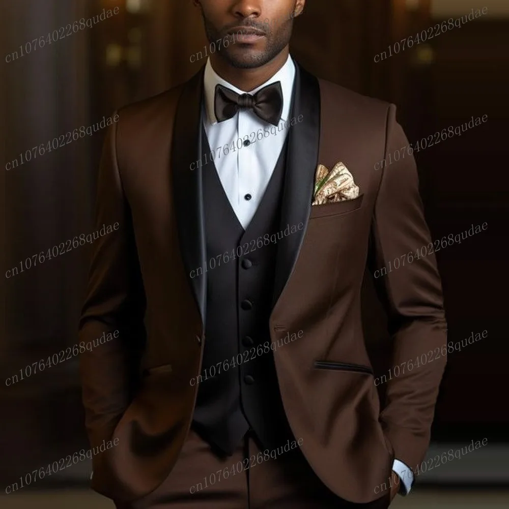 

New Brown And Black Formal Men Suit Wedding Party Groom Groomsman Male Tuxedos Bridegroom Costume 3 Piece Set Blazer Vest Pants