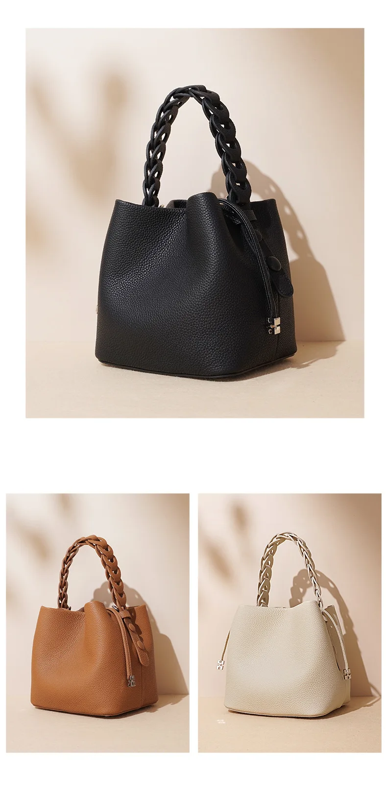 Damen Bucket Bag aus 100% Echtleder, Crossbody Schultertasche, Modische Designer-Shopper-Tasche, Trendige Marken-Handtasche – Detail 4