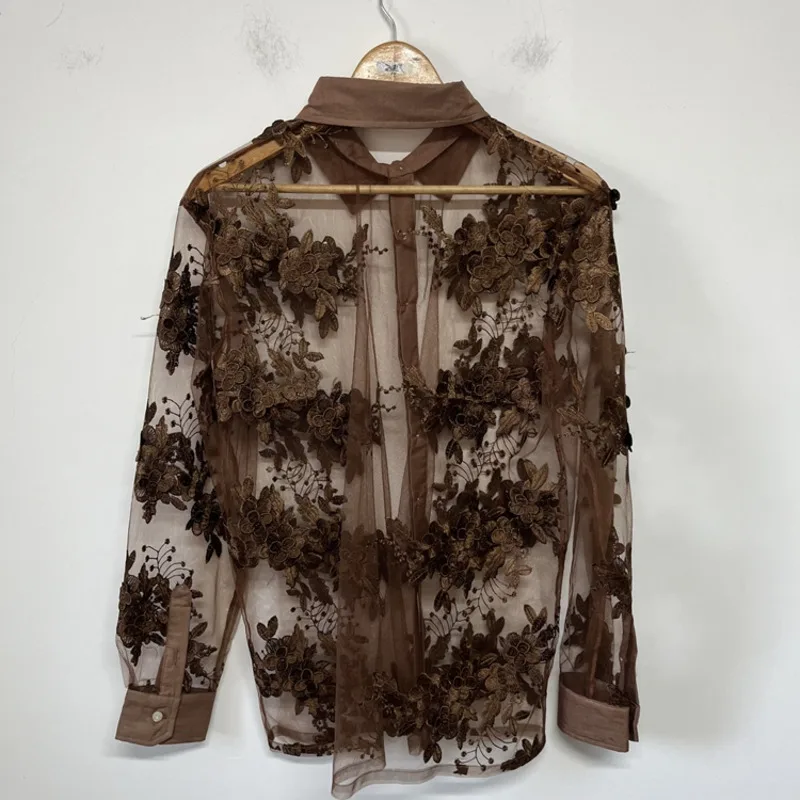 WVGA Spring Summer Autumn New Men Tide Heavy Embroidery Mesh See-through Layered Long Sleeve Shirt Niche Chic Casual Tops W15767