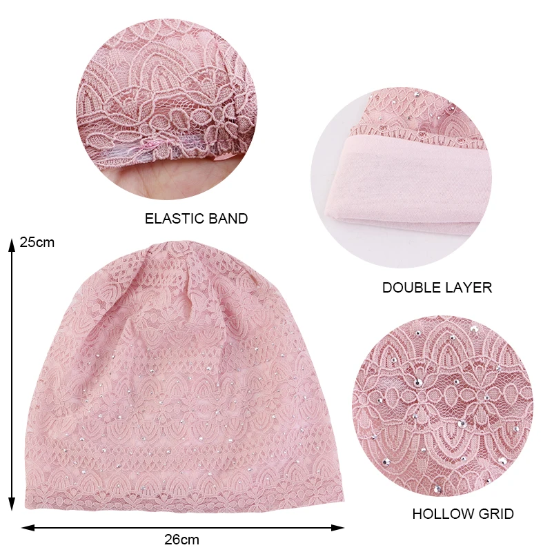 New Women Double-Layer Rhinestone Lace Elegant Beanie Hat Elastic Skull Cap Turban Casual Headwrap Scarf Hats Cancer Headcover