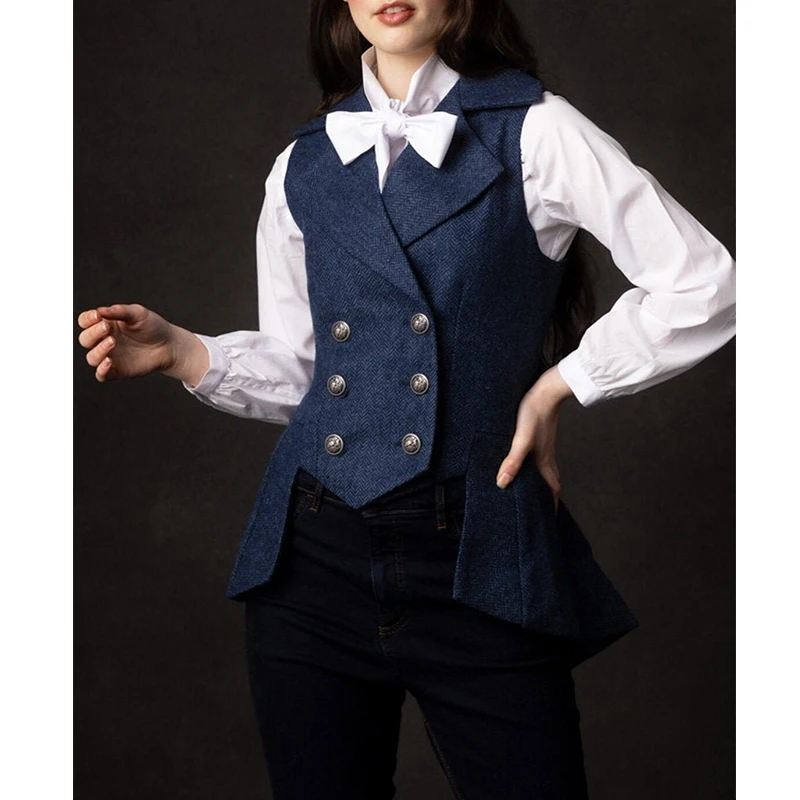 Woman Vests Lady Mary Waistcoat Lorne Blue Herringbone Tweed Tailored Collar Double Breasted Waistcoat Elegant OL Wedding Vest