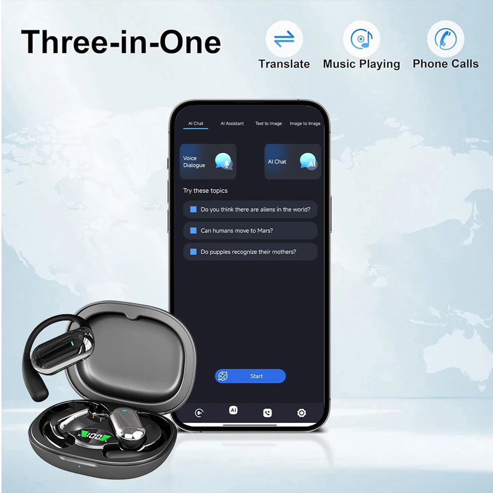 BT 5.3 AI Translation Earbuds with Ear Hook Translator Headphones Open Ear Headphones for Running Fitness Learning Accessories