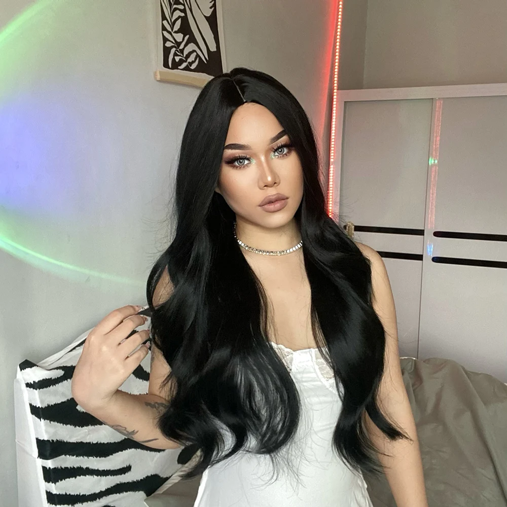 EASIHAIR Dark Brown Black Synthetic Wigs Middle Part Long Wavy Wigs for Black Women Daily Cosplay Heat Resistant Natural Hair