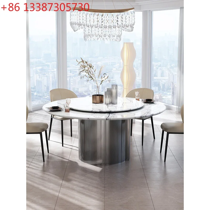 Natural marble fragrant snow plum luxury stone round dining table light luxury high-end round dining table with turntable