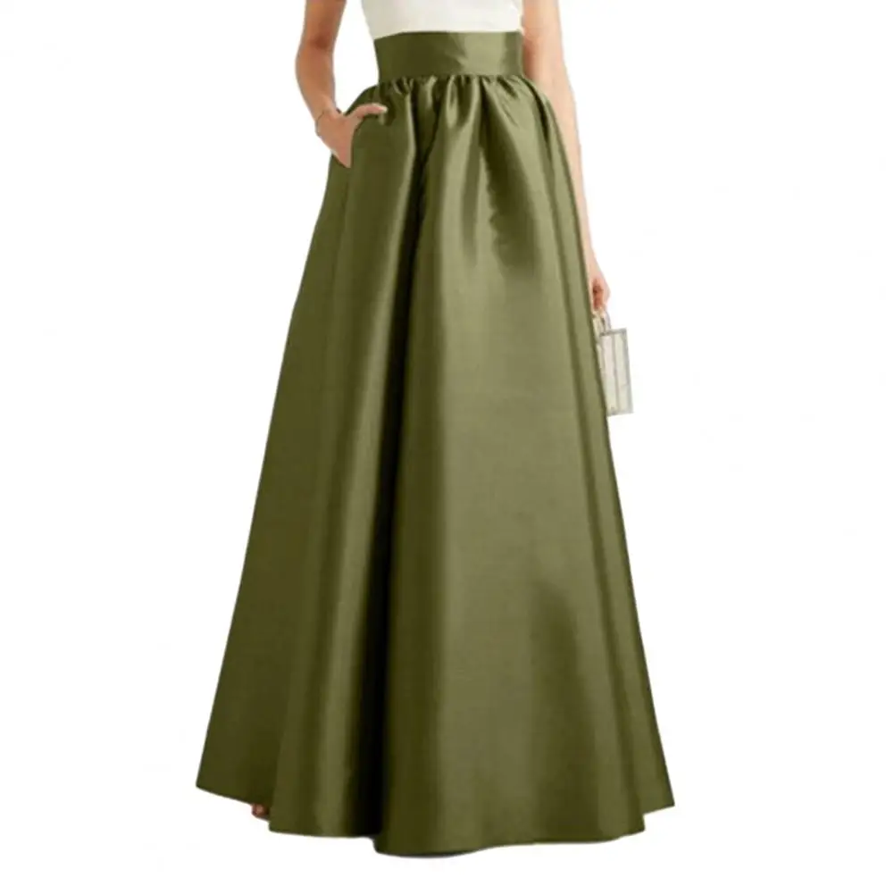 

Autumn Women Faux Satin Skirt A-line Floor Length High Waist Pockets Skirt Vintage Long Robe Skirt