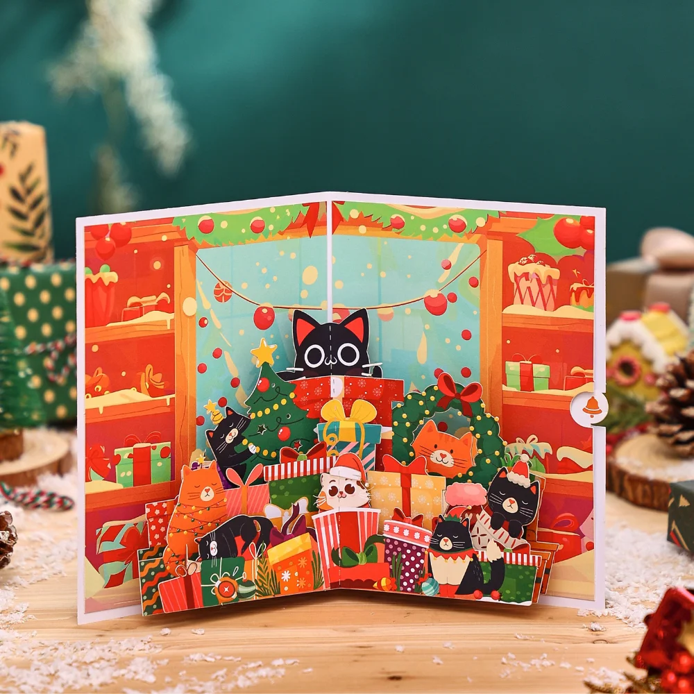 1pc Merry Christmas Pop-Up Card, Christmas Tree Woodland Reindeer Cardinal Poinsettia Greeting Card with Note Card and Envelop