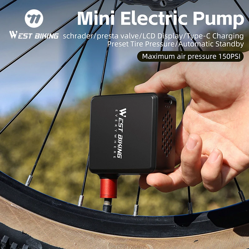 WEST BIKING Mini Electric Pump Max 150PSI Potable Bike Tire Inflator Type-C Charging Powerful Pump for Schrader/Presta Valve