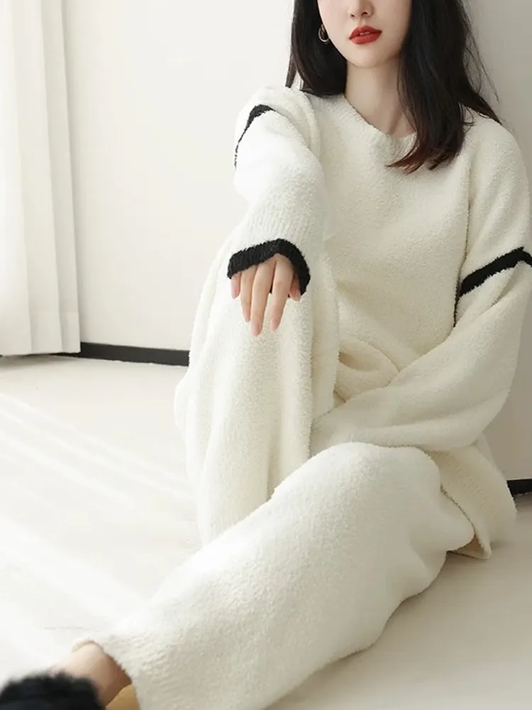 

Women's Knitted Half-Fleece Sleepwear Sweater Autumn Winter Style Overhead Home Set New 2025 Trendy Comfortable Long Sleeve r...