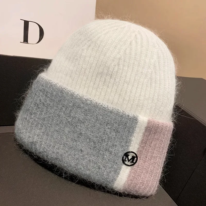 

Autumn and Winter Beanie Letter Color Blocked Rabbit Hair Wool Hat for Women Cute Pullover Hat Thick Warm Two-color Knitted Hat