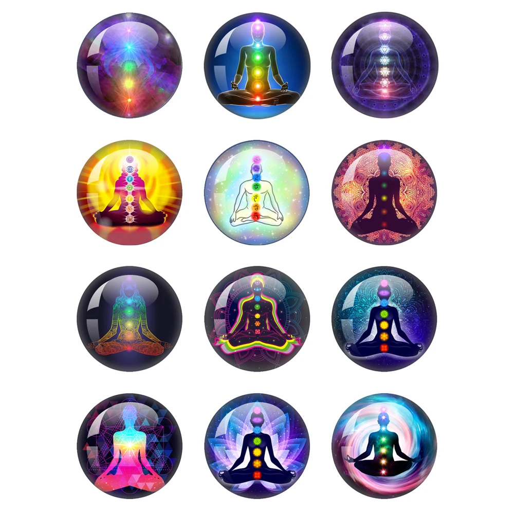 

12Pcs Chakra Yoga Om Symbol Glass Cabochon12mm-40mm DIY Round Handmade Fabrication Diy Charm Indian Jewelry Findings