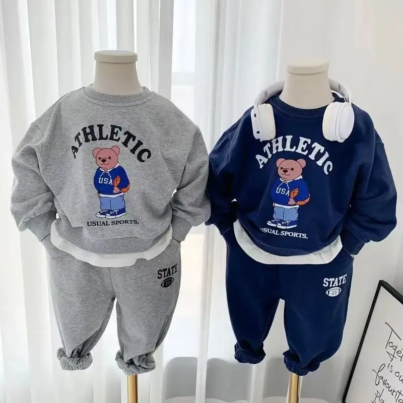 

2023 New Spring and Autumn Baby Boy Clothing Sets Children Bear Pullover Sweatshirts + Simple Solid Cotton Sports Pants 2pc