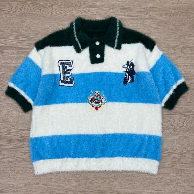 Vintage Street Striped House of Errors Short Sleeve Polo Men Oversized Badge Embroidery High Quality Casual Knit Tops