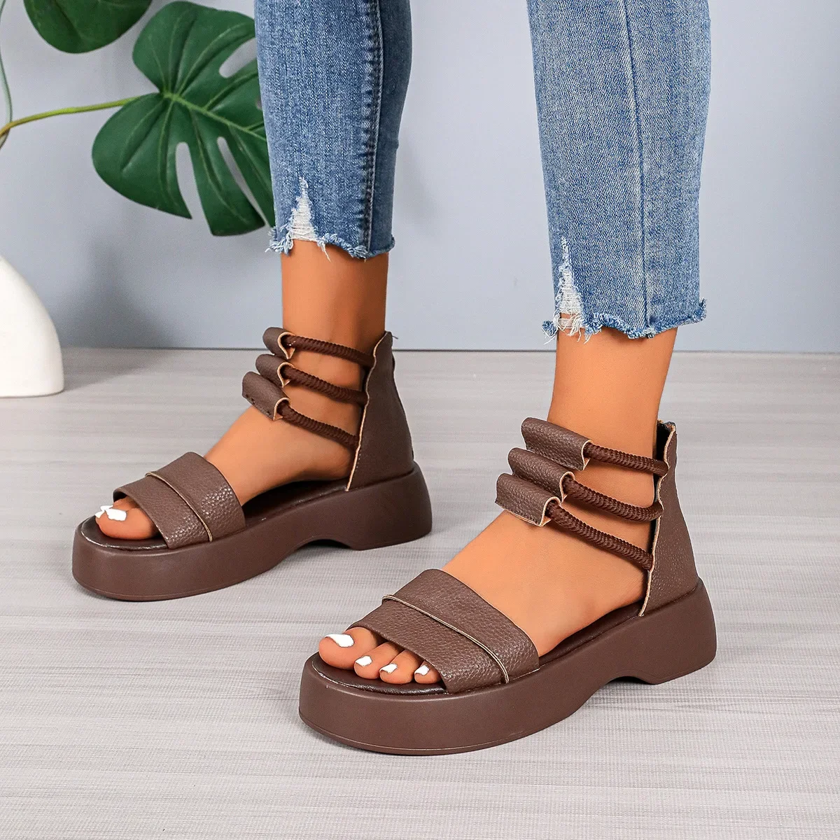 Women\'s  Brown Sandals Black 2024 New Summer Women Leather Cool Ankle Boots Platform Shoes Med Heels Fashion Outdoor Sandalias