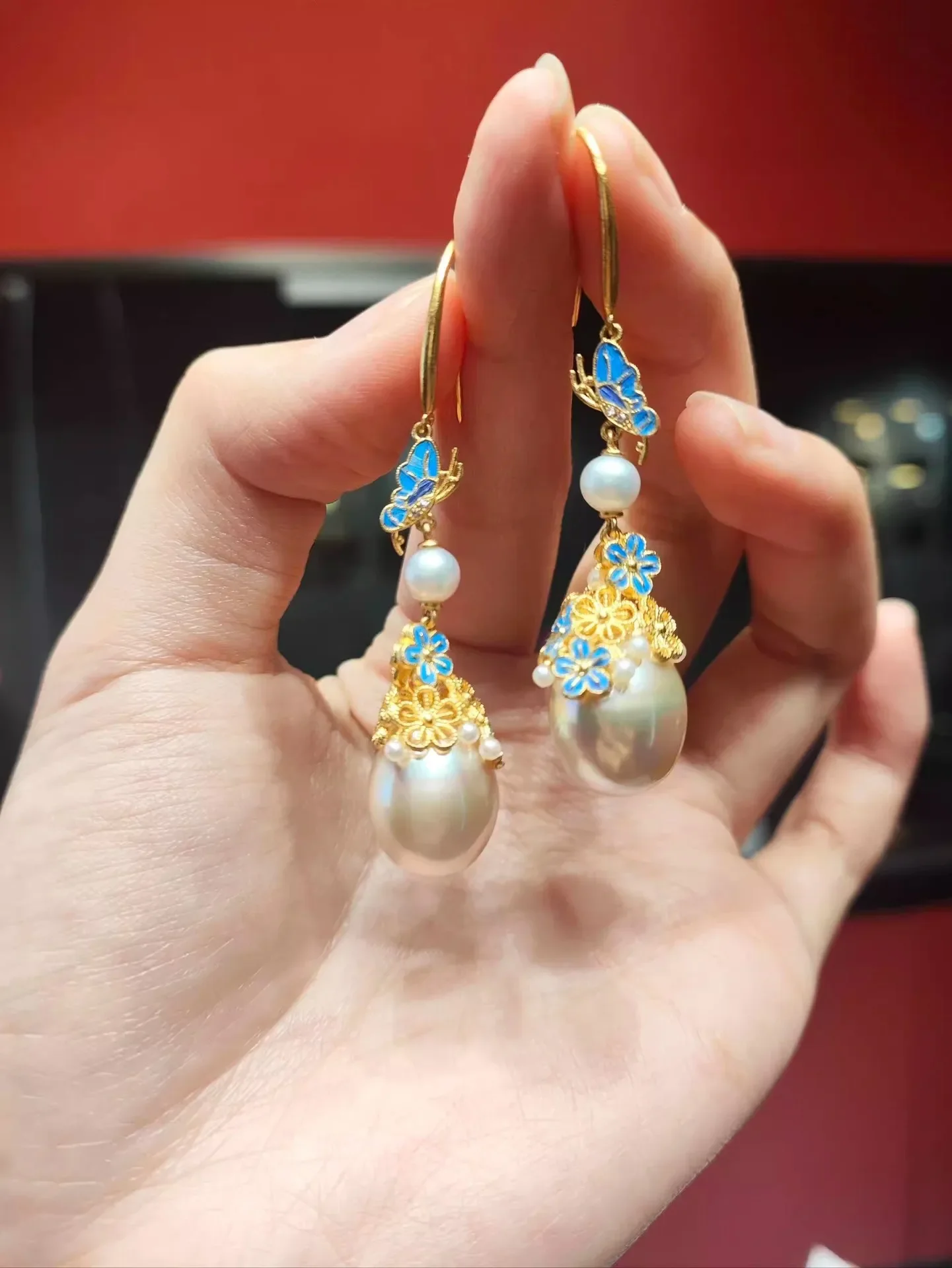 NovaGlod New Chinese style Dot Cui filigree 9999 24K real gold inlaid pearl  for women retro palace style tassel earrings  earri - view 4