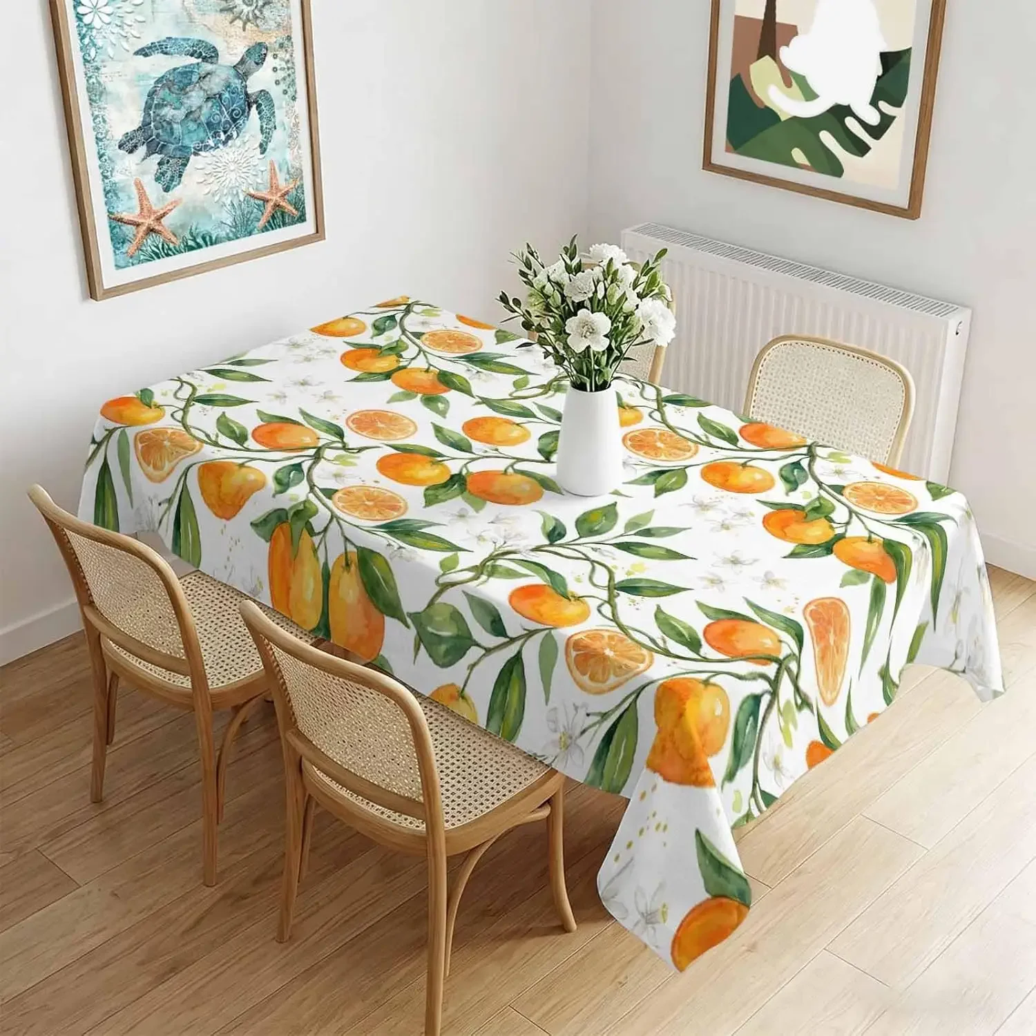 1pc Rectangular Tablecloth Orange And Green Citrus Fruit Print Table Cover For Dining Room Kitchen Decorative Spillpr