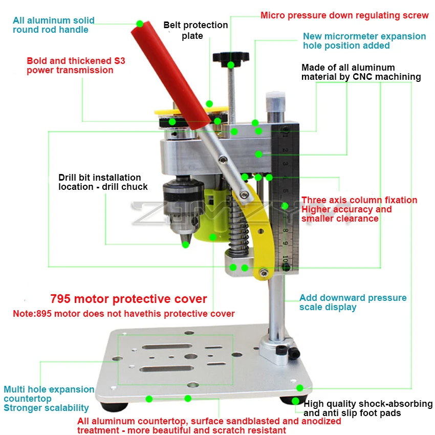 Mini Drill Press Precision CNC Table Drilling Machine Portable Benchtop Driller B10 Chuck Metal Wooden DIY Crafts Tool 795 Motor