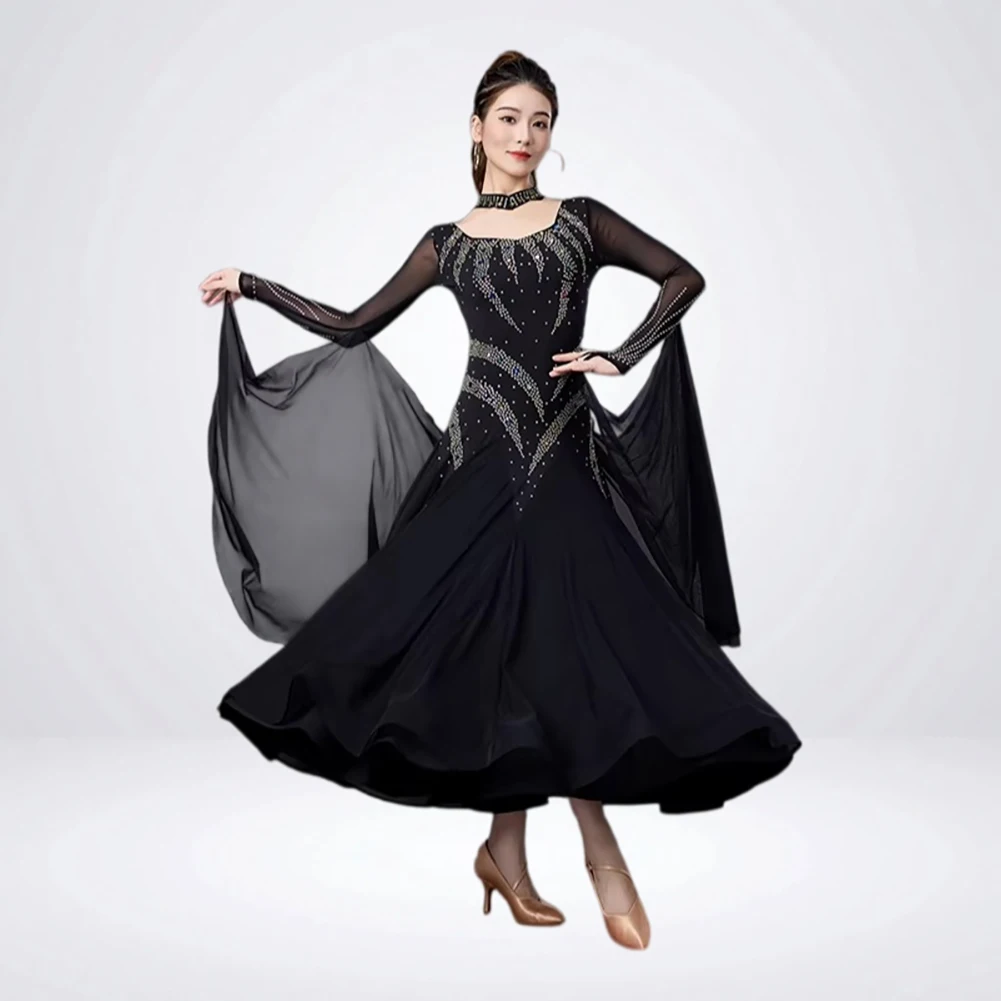 Vestido de Gala de Alta Calidad Amarillo Estándar Fucsia para Competición de Baile de Salón, Vestido de Vals Rojo con Pedrería Negra y Manga Larga