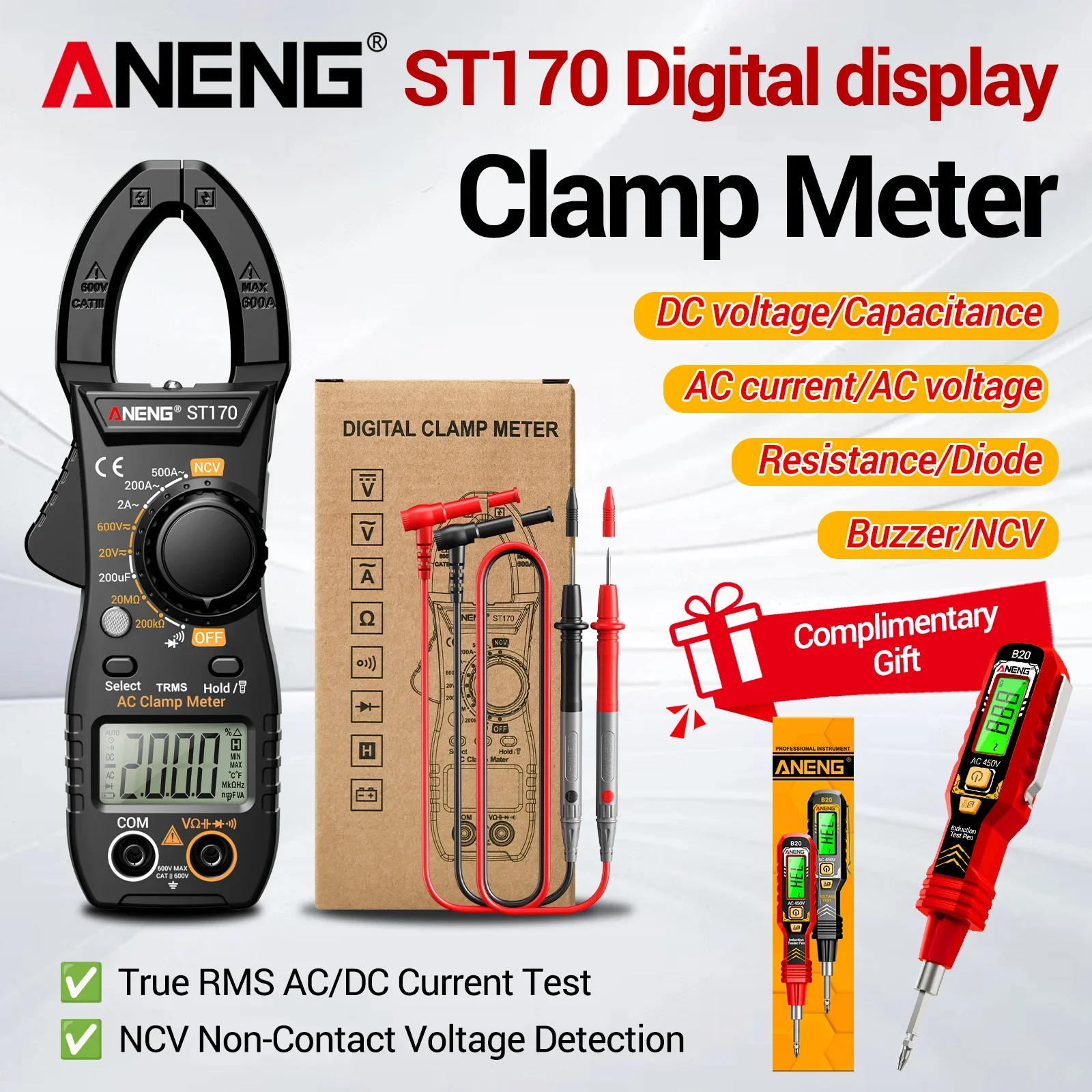 ANENG ST170 High-Precision Clamp Meter + B20 Non-Contact Electric Pen Set AC/DC Current Voltage Neutral Wire Detection Tool Set
