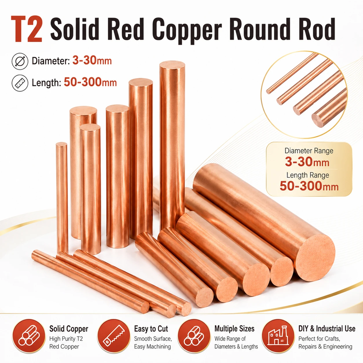 1-5Pcs 3-30mm Coppers Round Bar Solids, 50-300mm Red Coppers Lathe Rod for DIY Craft CNC Turning Shaft Punches
