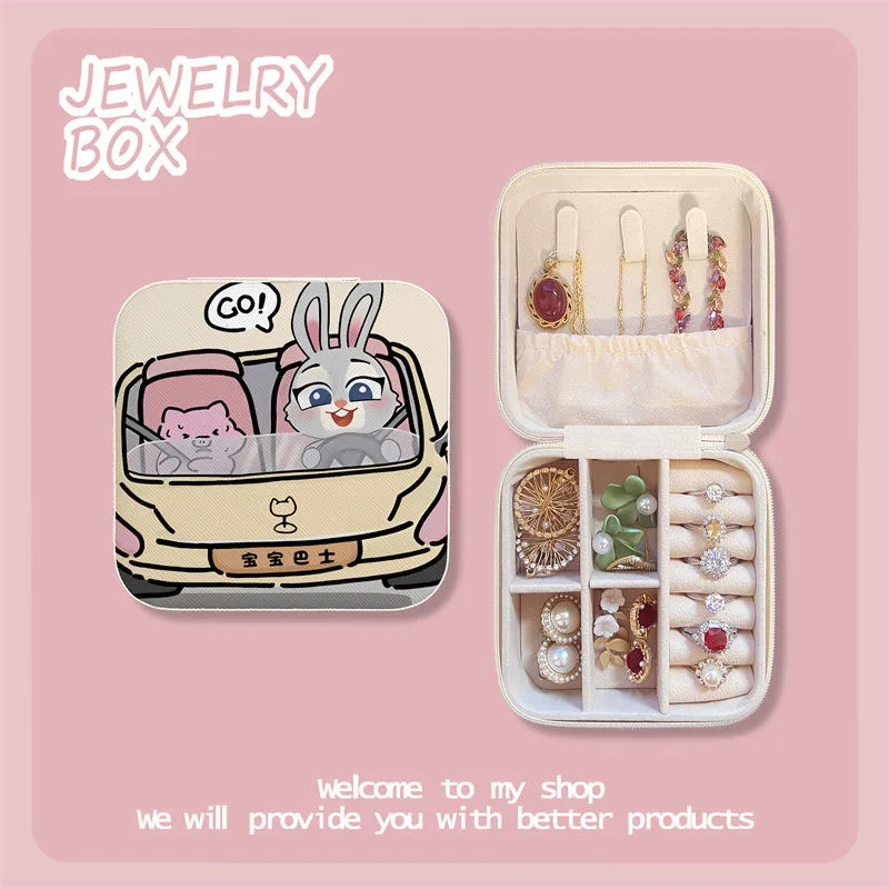 Cute Miniso Disney Jewelry Box Cartoon Mini Portable Earrings Ring Necklace Bracelet Pu Storage Box Kawaii Girl Birthday Gifts