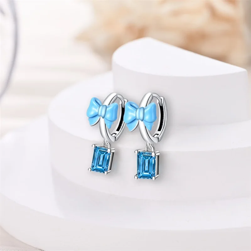 New Sweet 925 Sterling Silver Women\'s Princess Powder Gemstone Blue Kind Bow Design Earrings Fit Party Exquisite Jewelry Gifts