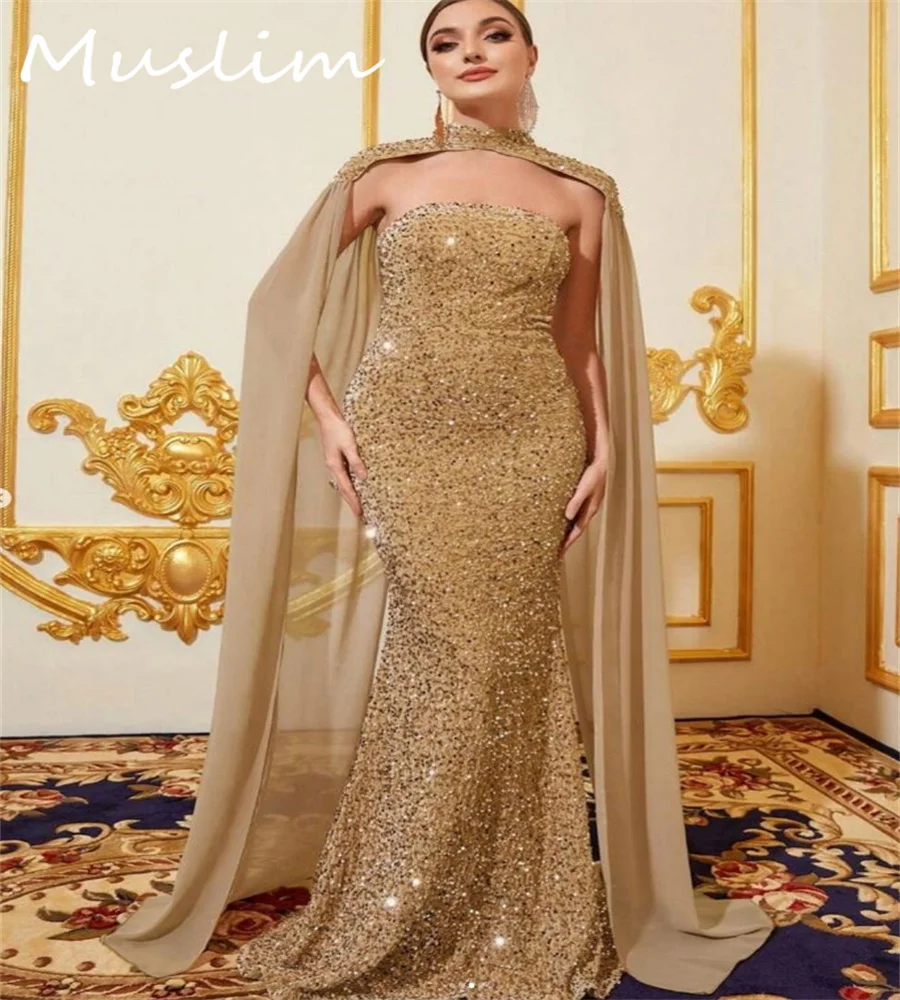 

Sparkly Gold Sequin Prom Dress With Cape Dubai Arabic Glitter Evening Dress 2025 Gorgeous Strapless Mermaid Birthday Customized