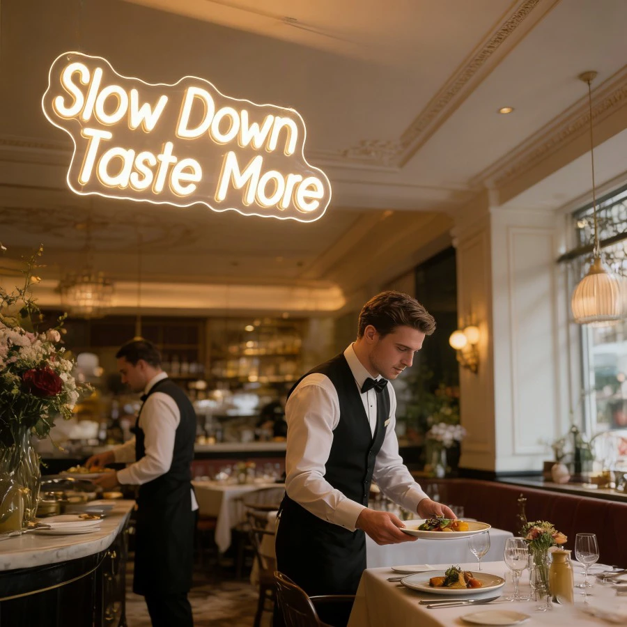 Slow Down Taste More Neon Sign LED Light USB Rechargeable Wall Art Sign for Coffee Shop Cafe Bar Table Restaurant Aesthetic Gift