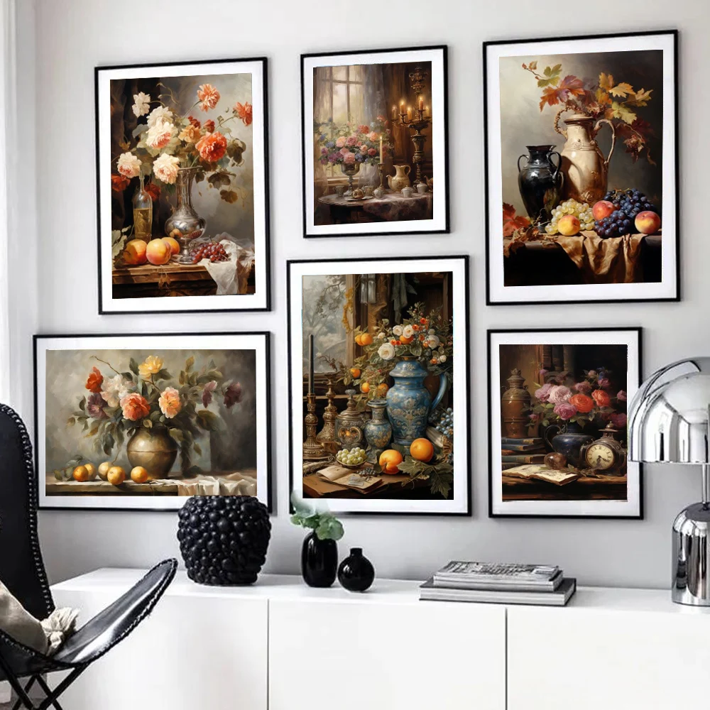 Dark Vintage Still Life Poster Prints For Living Room Home Decor Victorian Retro Flowers Fruits Picture Canvas Painting Wall