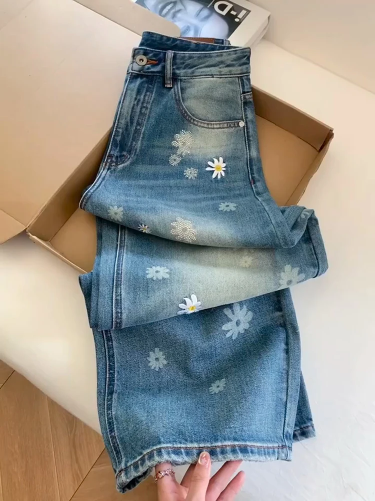 

Vintage Floral Embroidered Jeans Women's Casual High Waisted Straight Leg Denim Pants Fashion Patchwork Straight Trousers