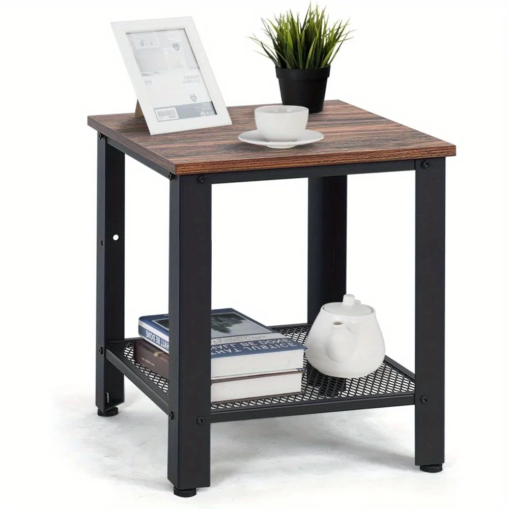 

End Table, Small Side Table with 2-Tier Storage Shelves, Nightstand with Faux Rattan Decoration, Sofa Table for Small Space, Be
