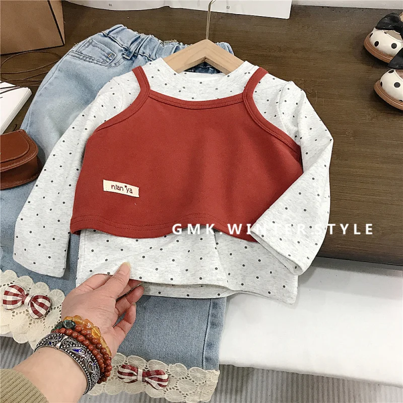 

Girls' Camisole Set Spring New Korean Style Long SleeveTT-shirt for baby girls with lace and denim pants