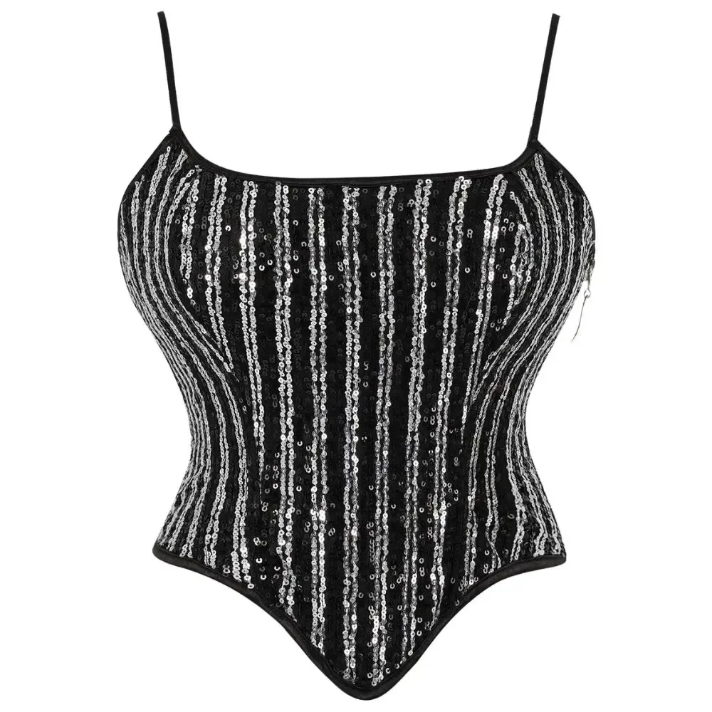 Femmes Sexy fermeture éclair Corset paillettes Bustier gothique à lacets désossé surbuste Corselet Lingerie haut Burlesque