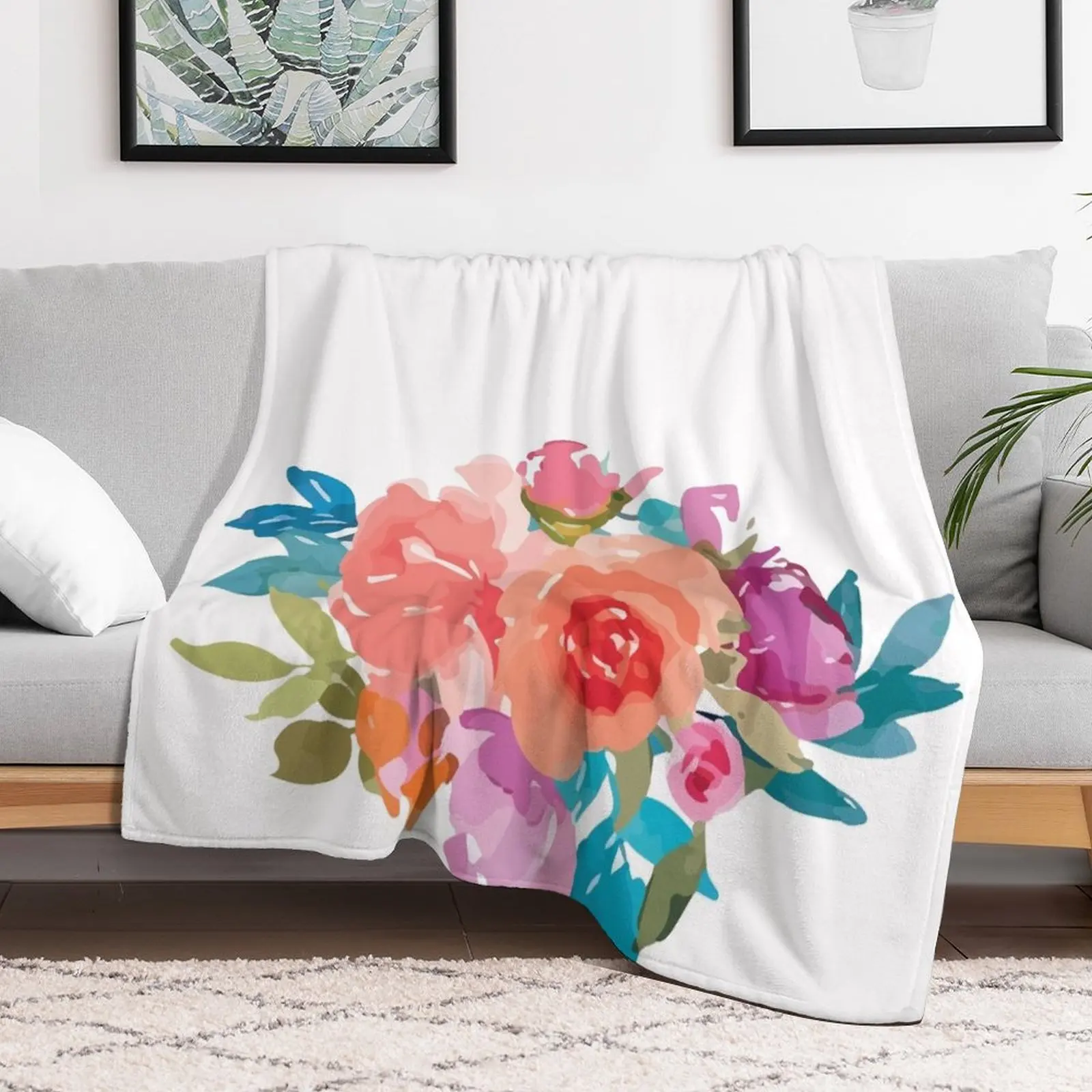 

Romantic Watercolor Flower Bouquet on White Throw Blanket For Baby Flannel Blankets