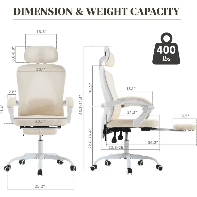 kimupa Ergonomic Office Chair, Adjustable Lumbar Support Capacity, White Computer Chair with Retractable Footrest