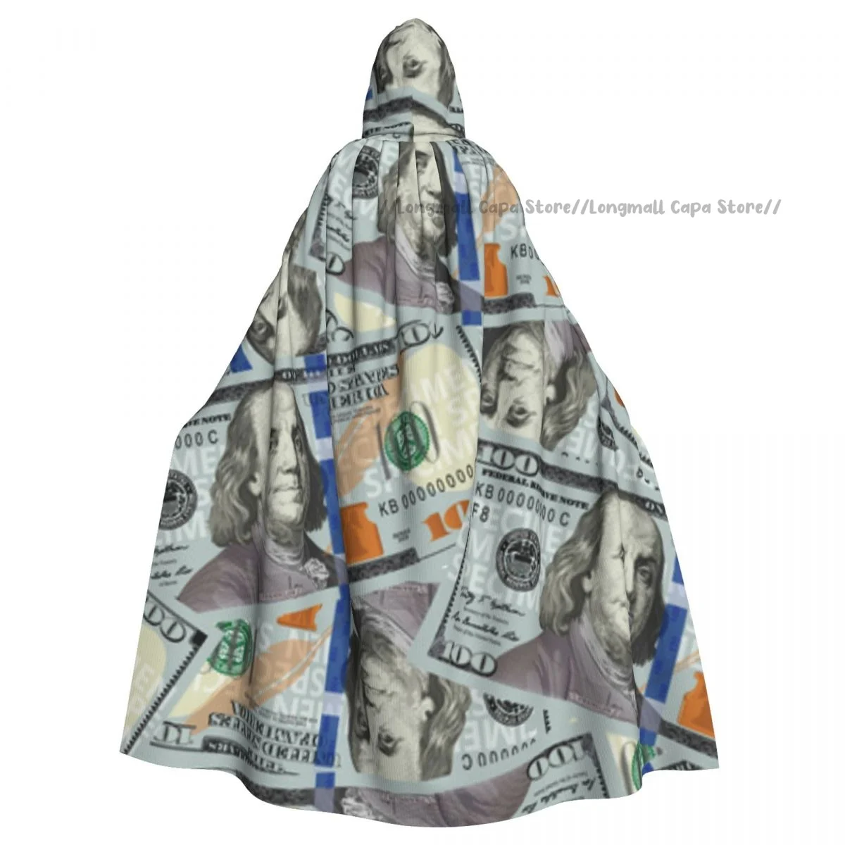 Adult Halloween 100 Dollar Bills Cloak Cape Hooded Medieval Costume Full Length Dress Coat