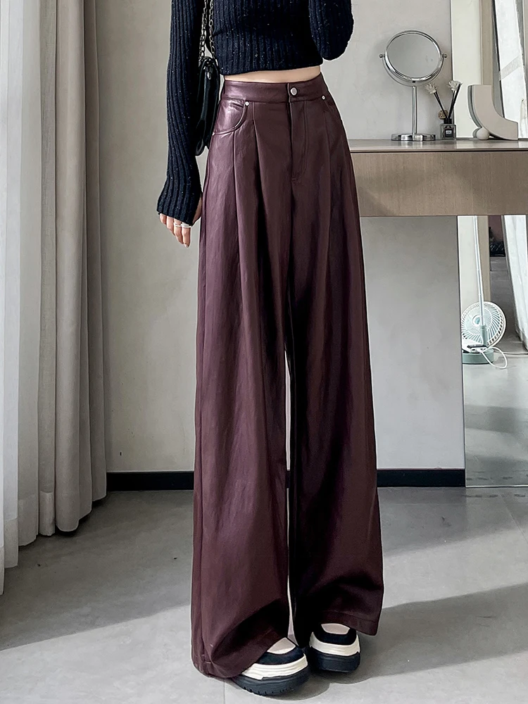 Women Faux Leather Pants PU High Waist Straight Leg Pants with Pockets Leather Wide Leg Casual Pants Y2K Autumn Winter Trousers