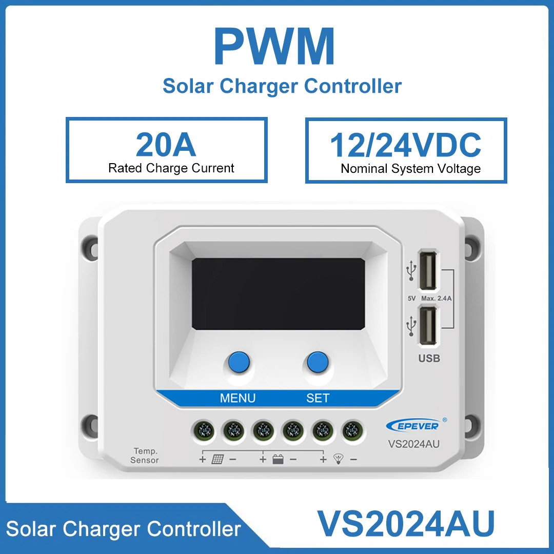 

20A VS2024AU EPEVER Solar Charger Controller 12V 24V Regulator For Solar System LCD Diaplay Two USB Ports