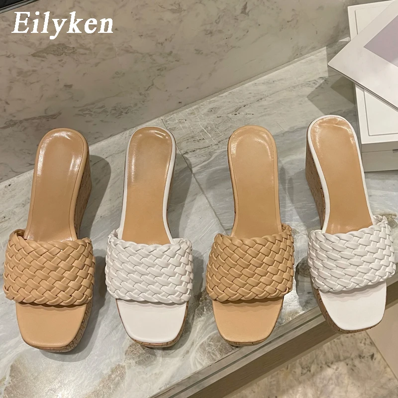 Eilyken New Wedges Weave Women Slippers Summer Super High Heels Shoes Sexy Platform Open Toe Wood Grain Ladies Sandals