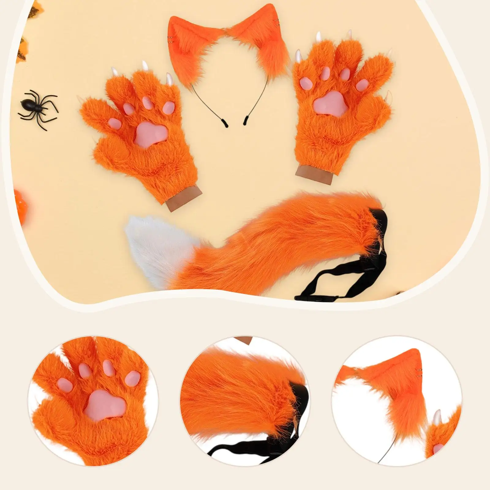 動物の耳カチューシャ ロングテールぬいぐるみコスチュームセット 手袋 ドレスアップアクセサリー 子供 大人 ハロウィン用