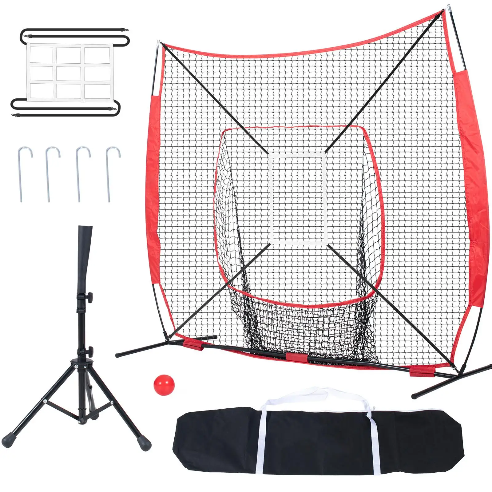 7x7 FT Baseball Softball Practice Net Portable Batting Catching Pitching Training Net with Bow Frame Backstop Strike Zone Ball Batting Tee and Carry Bag