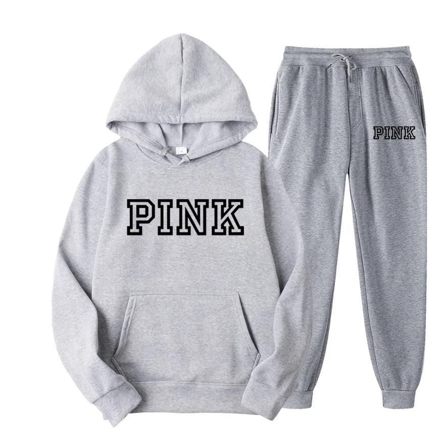 PINK Hoodies Casual American Style Hoodie Set Women Autumn Long Sleeves Hooded Loose Pullover Street Sweatshirt