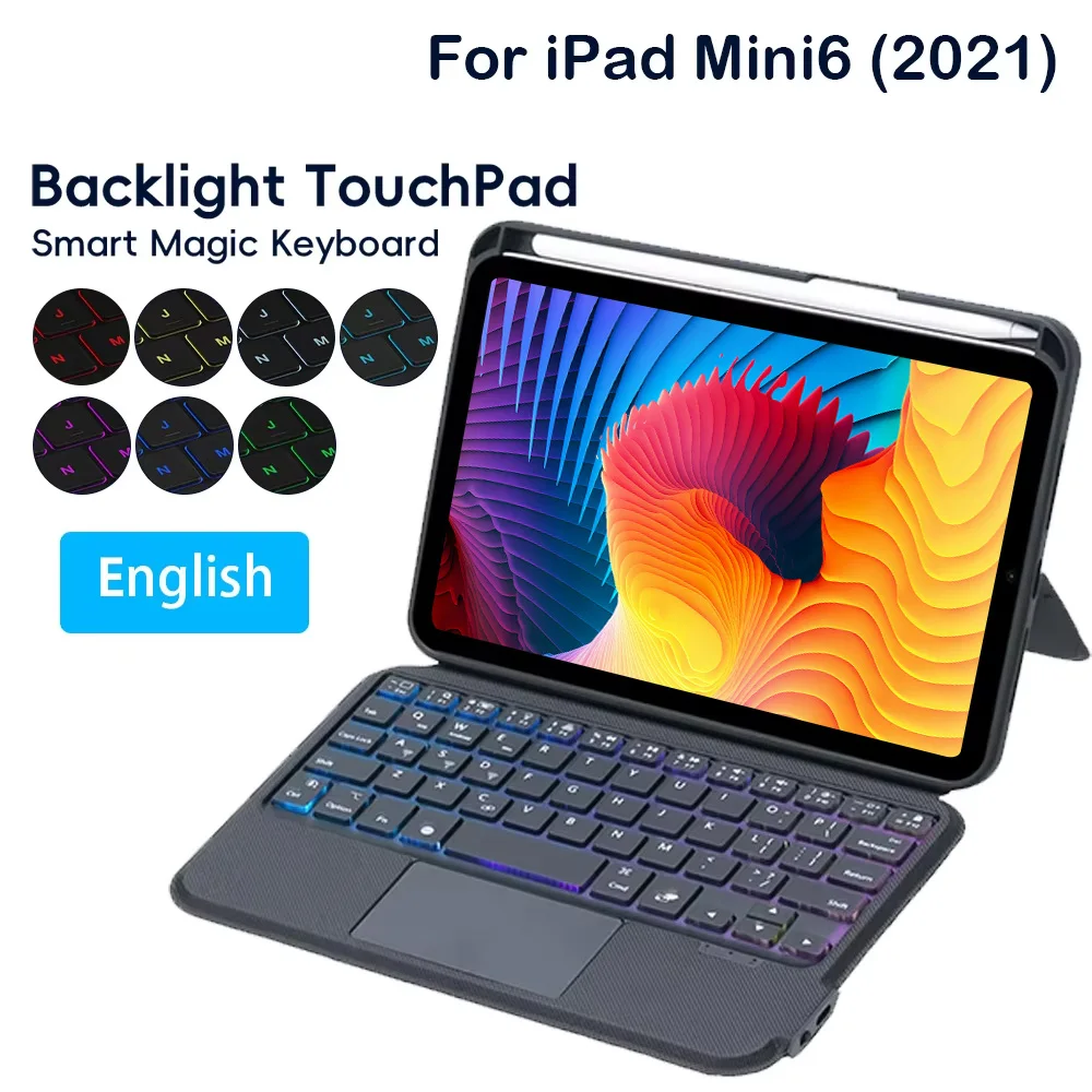 

Разделенный чехол с клавиатурой для Apple iPad Mini 6th 2021, Smart Track Pad, RGB-подсветка, магнитная клавиатура для набора текста, кожаный чехол-книжка с сенсорным экраном