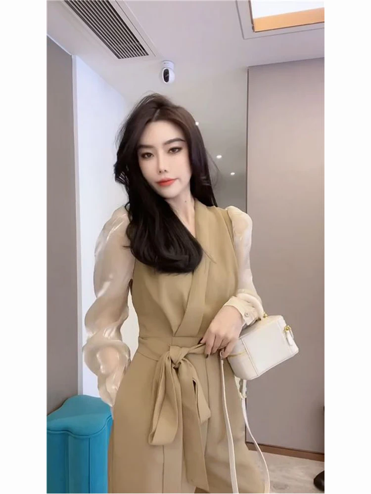 

Элегантный комбинезон с эффектом двухслойности и поясом, подчеркивающий талию, в европейском стиле, для женщин