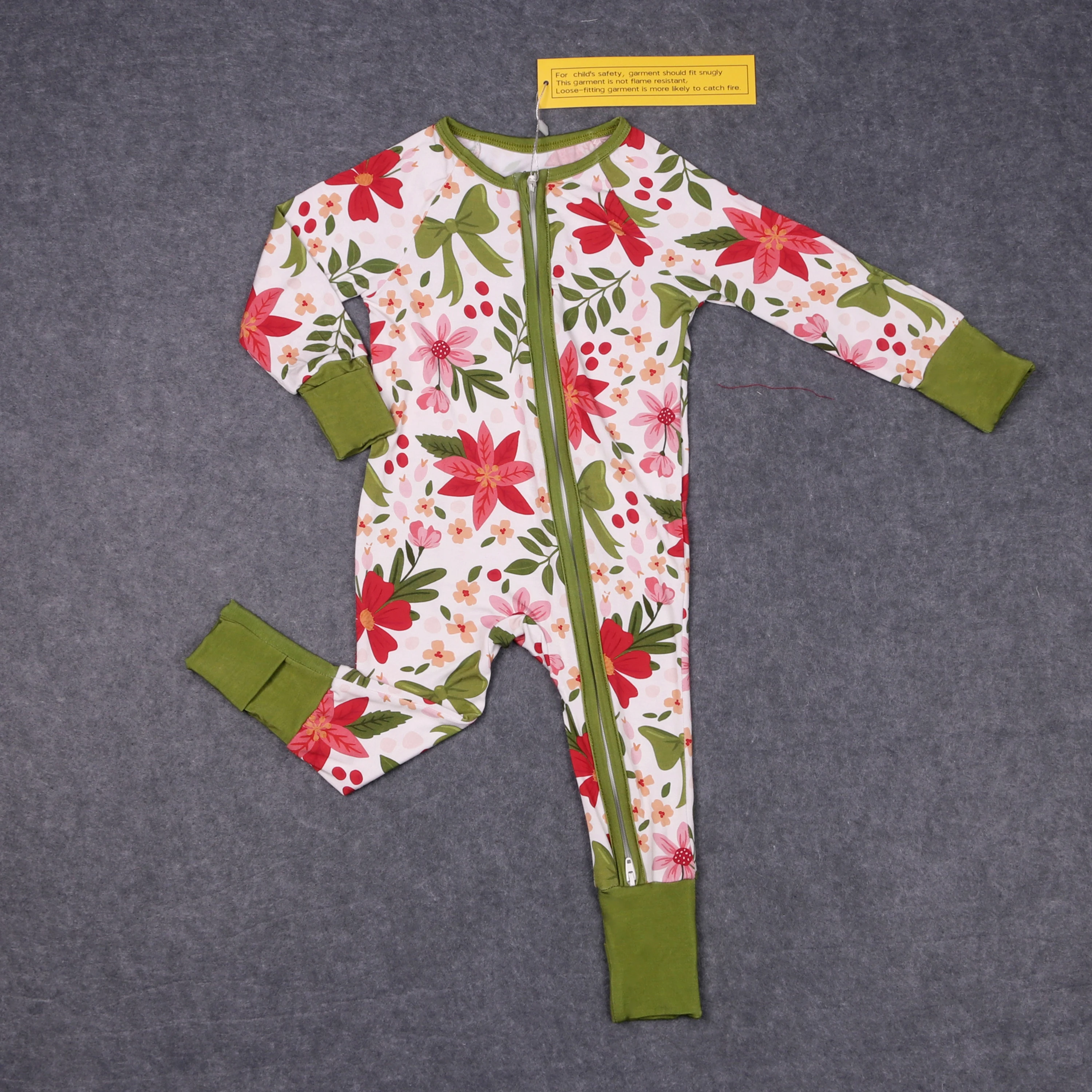 

Baby Bamboo Long Sleeve Girl Zipper Set Round Neck Bow Flower Style Green Top Clothes And Pants Suit Match Boy Romper Pajamas