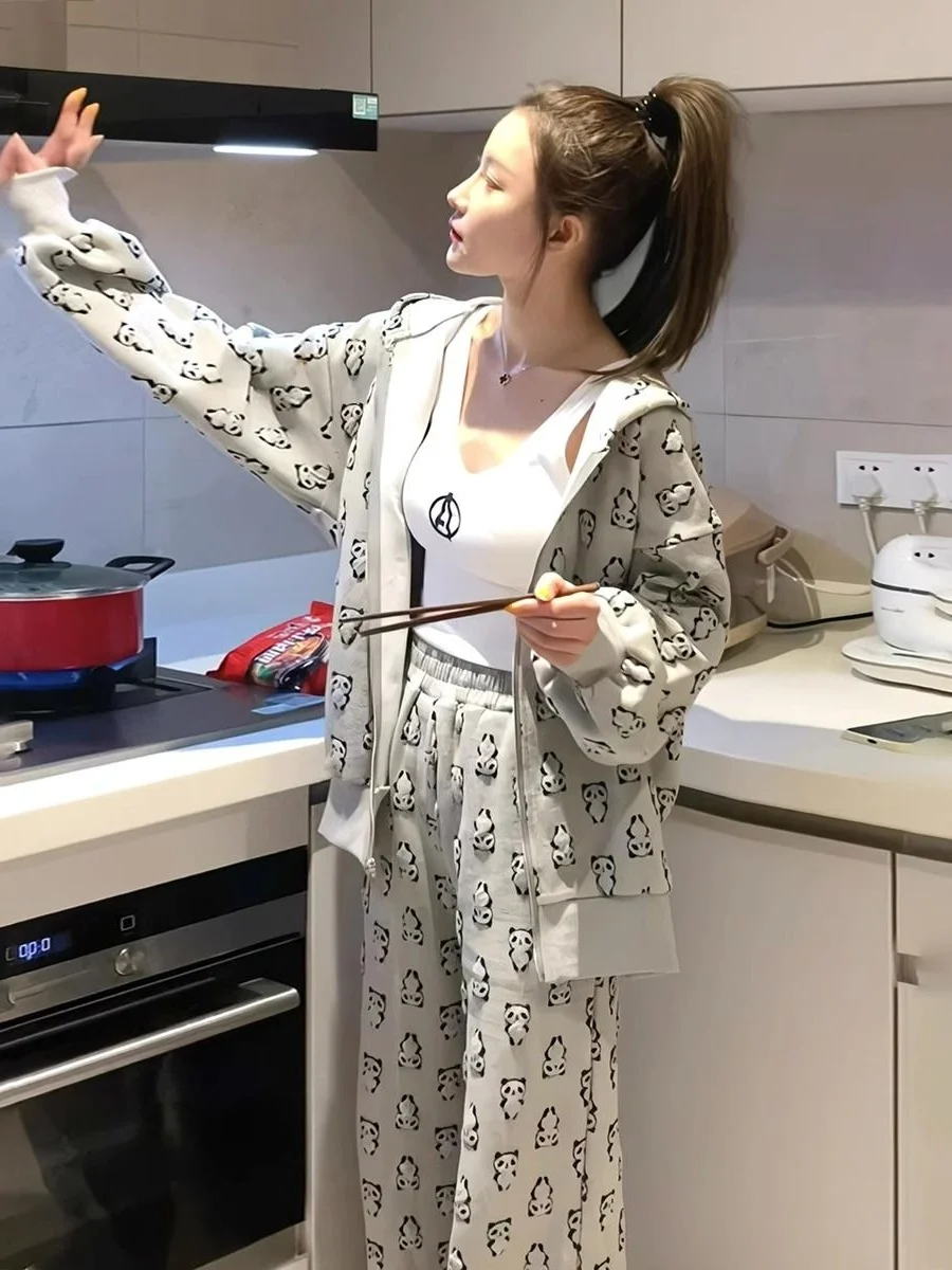 플러스 사이즈 여성 패션 후드 세트 봄 캐주얼 루즈핏 와이드 레그 팬츠 하이웨이스트 긴팔 편안하고 통기성 좋은 의류