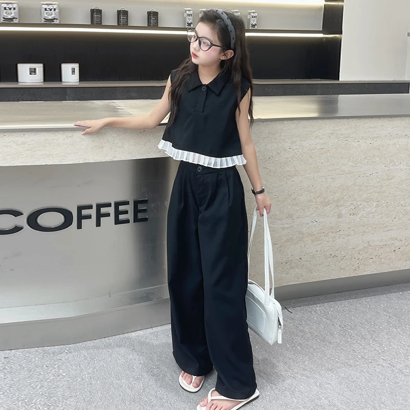 Design 4 6 8 10 12 14 teenage sleeveless wide leg pants set Flip collar ruffled top trousers 2pcs junior kids suit child outfits