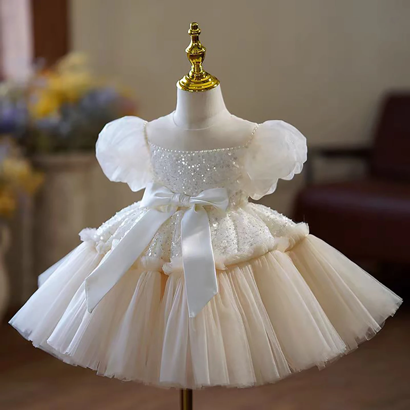 Dreamy Vow J762 Elegante abito bianco da ragazza con fiocco e perle per bambini di 1 anno, matrimonio, compleanno, comunione, festa, ballo di fine anno