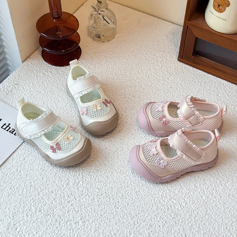 Girls Casual Shoes Toes Capped Lace Sweet Kids Princess Shoes Mesh Breathable 2026 Brand New Children Flats Breathable Soft Sole