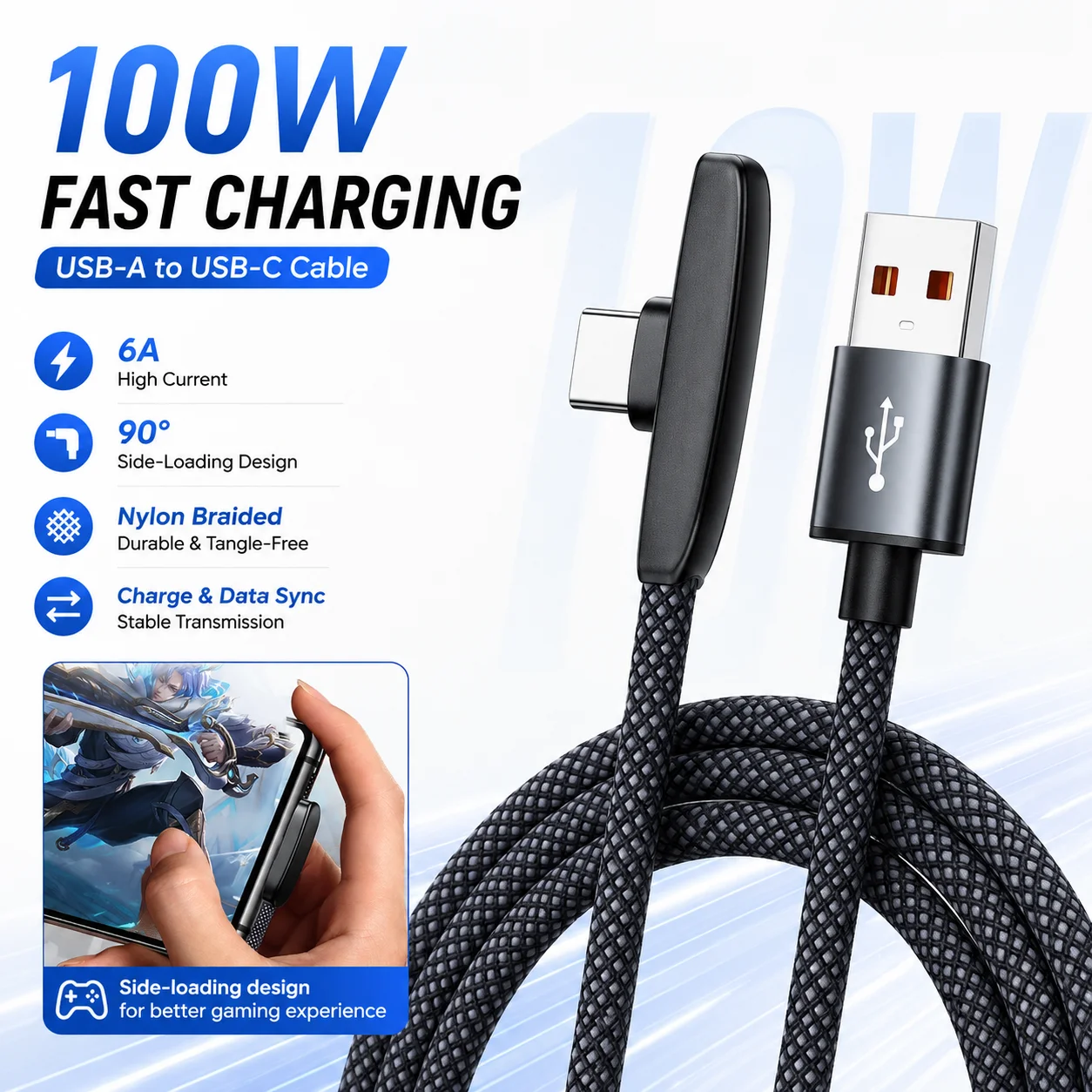 Cabo de Dados Trançado de Carregamento Rápido 100W 6A com Conector em Ângulo Reto USB para Tipo-C para iPhone Samsung Xiaomi Celular Laptop 1/1.5/2m