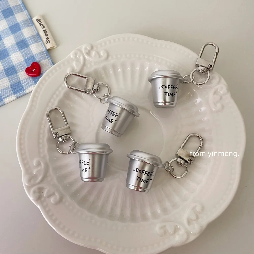 Silver Acrylic Coffee Cup Keychain for Women Men Cool Style Bag Pendant Unique Design Backpack Decoration Accessory Gift
